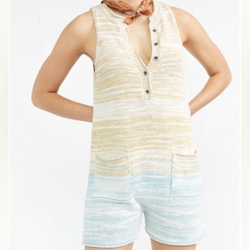 Daily Practice by Anthropologie Sleeveless Knit Romper Size M in Cream & Blue